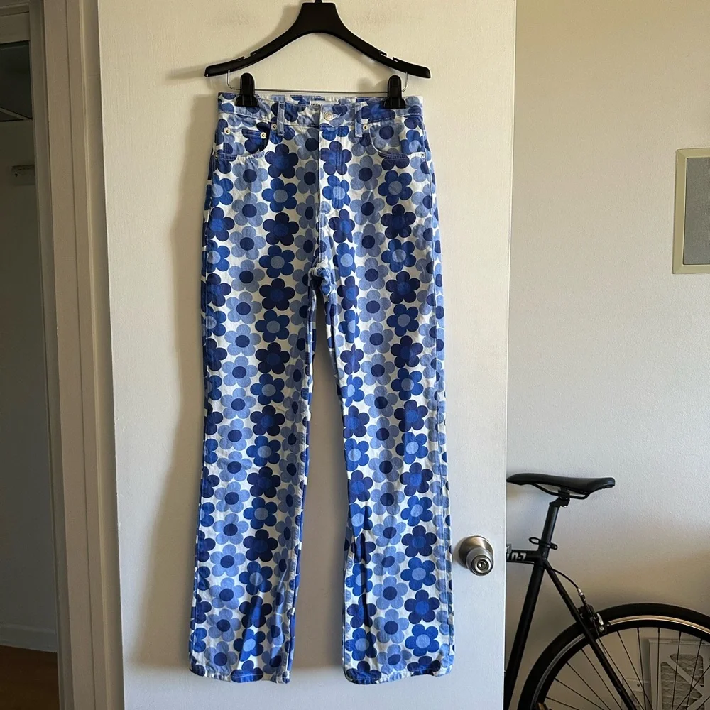 ZARA Blue/White High Waisted Straight Leg Floral Print Jeans size 6 EUC - Picture 5 of 11